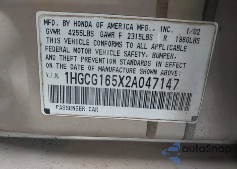 2002 Honda Accord 3.0 Ex from USA, damaged, VIN 1HGCG165X2A047147